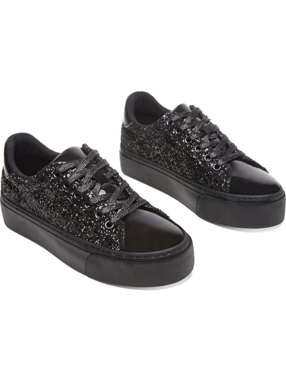 Women's Black Comfortable Sparkly Lace-Up Chunky Glitter Fashion Walking Sneaker
